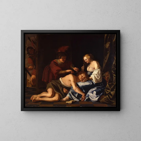 Pendant que Samson dort sur les genoux de Dalila, un Philistin lui coupe les cheveux. - Christiaen van Couwenbergh — gerahmtes Bild an der Wand
