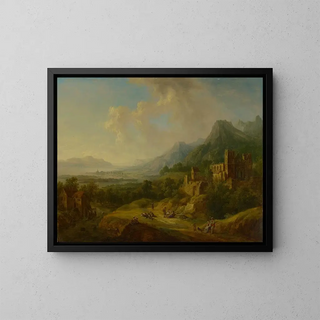 Flusstal mit Kirchenruinen und Figuren - Christian Georg Schütz der Ältere — gerahmtes Bild an der Wand