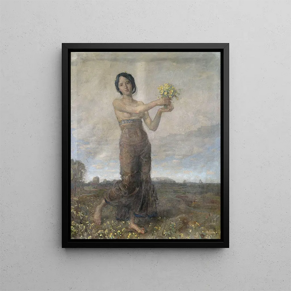 Mädchen mit einem Blumenstrauß als Allegorie des Frühlings - Christian Landenberger — gerahmtes Bild an der Wand