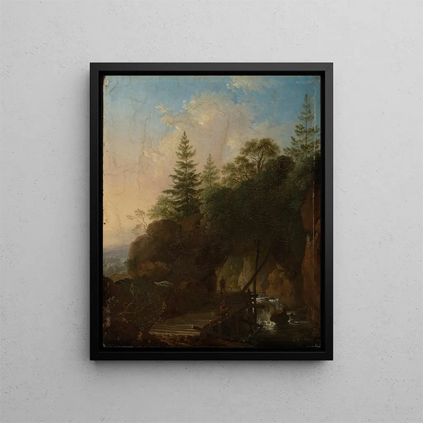 Landschaft mit Berg, Wasserfall und Holzbrücke - Christian Wilhelm Ernst Dietrich — gerahmtes Bild an der Wand