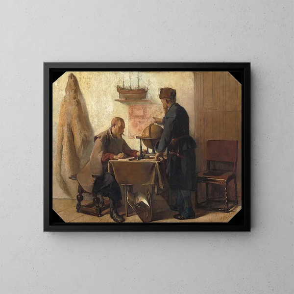 Heemskerck und Barents planen ihre zweite Expedition in den hohen Norden - Christoffel Bisschop — gerahmtes Bild an der Wand