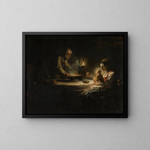 Eine Innenszene mit der Heiligen Familie am Tisch - Kreis von Jean-Honoré Fragonard — gerahmtes Bild an der Wand