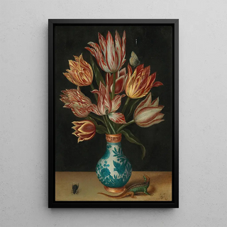 Circle of Ambrosius Bosschaert I - A still life with parrot tulips in a WanLi vase a fly and a lizard.webp