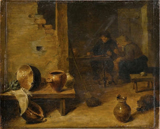 Innentaverlegemälde mit Bauern beim Essen im Hintergrund - Kreis von David Teniers dem Jüngeren — Ansicht des Kunstwerks