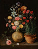 Rosen, Lilien, Iris und andere Blumen in einer Keramikvase mit Nelken und einem Schmetterling auf einem Sims - Clara Peeters — Ansicht des Kunstwerks