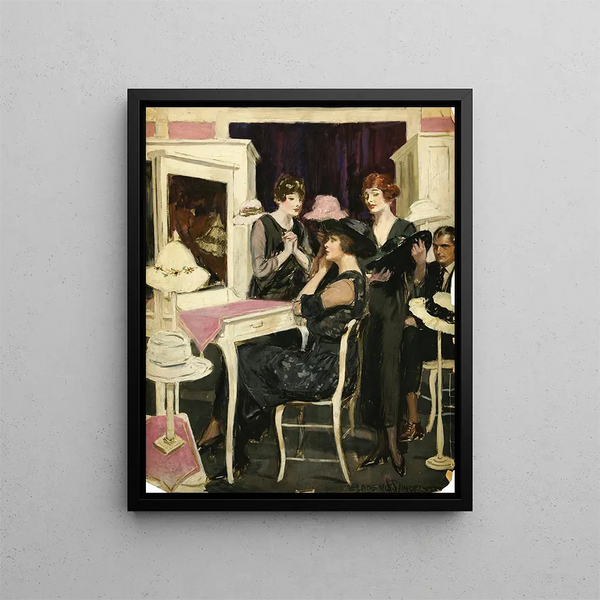 Frauen in einer Hutmacherwerkstatt - Clarence F. Underwood — gerahmtes Bild an der Wand