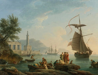 eines mediterranen Hafens bei Sonnenuntergang mit Fischern am Wasser, einem Leuchtturm und einem Kriegsschiff in der Bucht - Claude-Joseph Vernet — Ansicht des Kunstwerks