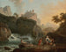 Eine felsige Landschaft mit einem Fischer und Reisenden in der Nähe eines Flusses mit einem Wasserfall und einer Aquädukt in der Ferne - Claude-Joseph Vernet — Ansicht des Kunstwerks