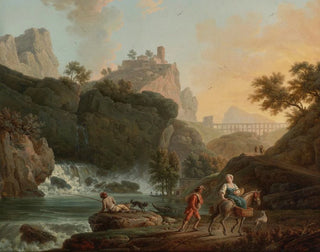 Eine felsige Landschaft mit einem Fischer und Reisenden in der Nähe eines Flusses mit einem Wasserfall und einer Aquädukt in der Ferne - Claude-Joseph Vernet — Ansicht des Kunstwerks