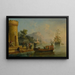 Ansicht eines mediterranen Hafens mit einer Gruppe von Figuren am Wasser, ein großes Schiff im Hintergrund - Claude-Joseph Vernet — gerahmtes Bild an der Wand