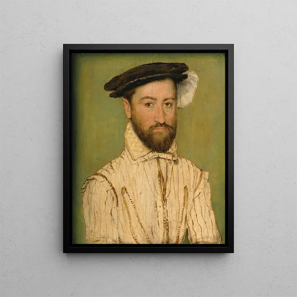 Portrait eines bärtigen Herrn mit schwarzem Barett und weißem Gefieder - Corneille de Lyon — gerahmtes Bild an der Wand