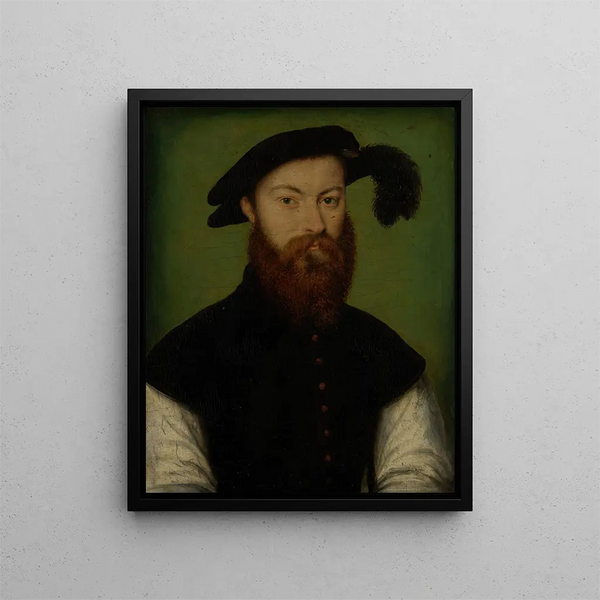 Portrait eines Mannes mit schwarzem Federhut - Corneille de Lyon — gerahmtes Bild an der Wand