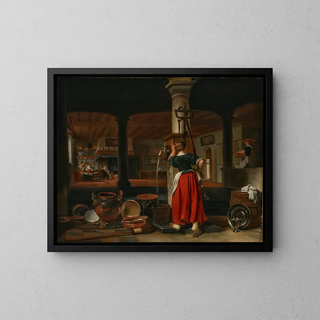 Eine Magd, die Wasser in einer Küchenszene schöpft - Cornelis Bisschop — gerahmtes Bild an der Wand