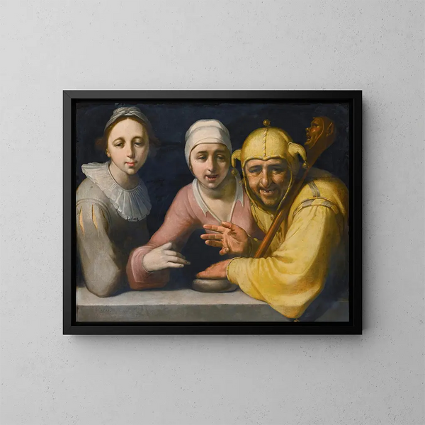 Ein Verrückter mit zwei Frauen - Cornelis Cornelisz van Haarlem — gerahmtes Bild an der Wand