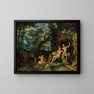 Venus und Adonis, die in einer weiten Landschaft ruhen, mit Cupid, Jagdhunden und ihren Beutetieren - Cornelis Cornelisz van Haarlem — gerahmtes Bild an der Wand
