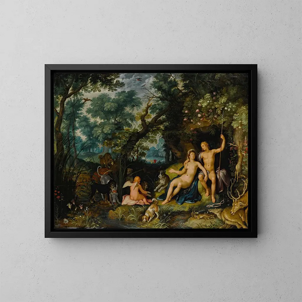Venus und Adonis, die in einer weiten Landschaft ruhen, mit Cupid, Jagdhunden und ihren Beutetieren - Cornelis Cornelisz van Haarlem — gerahmtes Bild an der Wand
