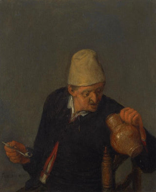 Cornelis Dusart - A peasant holding a jug and pipe.webp