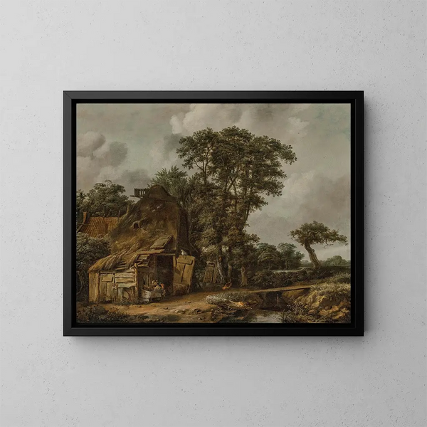 eines Landschaftsgemäldes mit einem Bauernhof in der Nähe eines Bachs - Cornelis Gerritsz Decker — gerahmtes Bild an der Wand