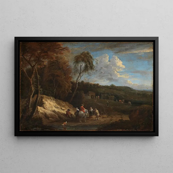 Cornelis Huysmans - Waldrand mit Blick in eine Ebene und Staffage von Reisenden und Bauern.webp