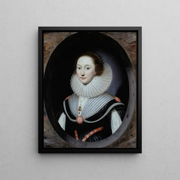 Portrait einer Frau mit Erdbeere und schwarzem Kleid - Cornelis Jonson van Ceulen — gerahmtes Bild an der Wand