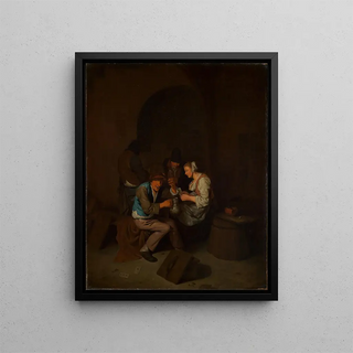 Cornelis Pietersz Bega - Vier zechende Bauern mit einer Frau.webp