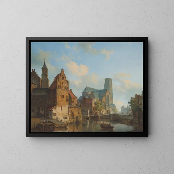 Eine Ansicht des Delftse Vaart und der Saint-Laurent-Kirche in Rotterdam - Cornelis Springer — gerahmtes Bild an der Wand