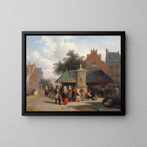Nähe des Brunnens auf einem Stadtplatz in den Niederlanden - Cornelis Springer — gerahmtes Bild an der Wand