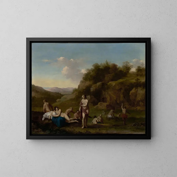 Landschaft mit nackten Menschen beim Baden - Cornelis van Poelenburch — gerahmtes Bild an der Wand