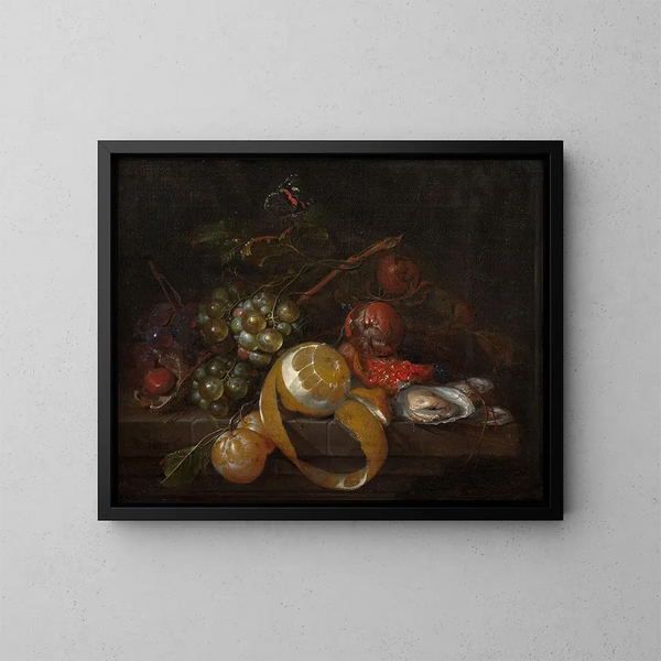 Komposition mit einer Zitrone, Trauben und Austern - Cornelis de Heem — gerahmtes Bild an der Wand