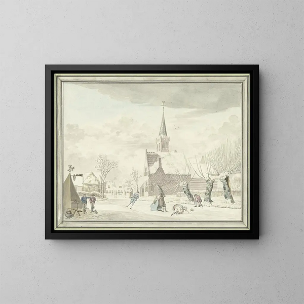 Vergnügung auf dem Eis im Dorf Kortenhoef - Cornelis van Noorde — gerahmtes Bild an der Wand