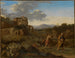 Italienisches Berglandschaftsgemälde mit Abraham und Isaak auf dem Weg zum Opfer - Cornelis van Poelenburg — Ansicht des Kunstwerks