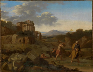 Italienisches Berglandschaftsgemälde mit Abraham und Isaak auf dem Weg zum Opfer - Cornelis van Poelenburg — Ansicht des Kunstwerks