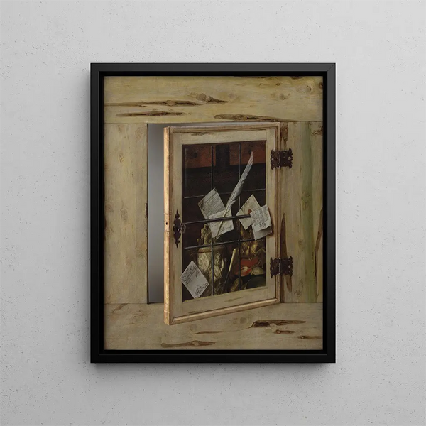 Trompe-l'œil Ein Kuriositätenkabinett mit einem Elfenbeinkloster - Cornelius Norbertus Gijsbrechts — gerahmtes Bild an der Wand