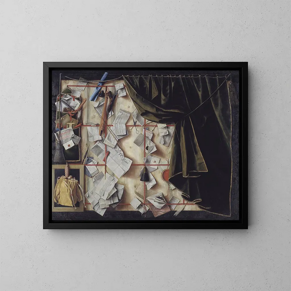 Trompe-l'œil eines Briefkastens mit Verkündung von Friedrich III. - Cornelius Norbertus Gijsbrechts — gerahmtes Bild an der Wand