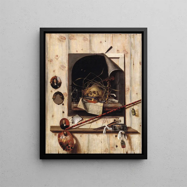 Trompe-l'œil mit Atelierwand und Vanitas-Stillleben - Cornelius Norbertus Gijsbrechts — gerahmtes Bild an der Wand
