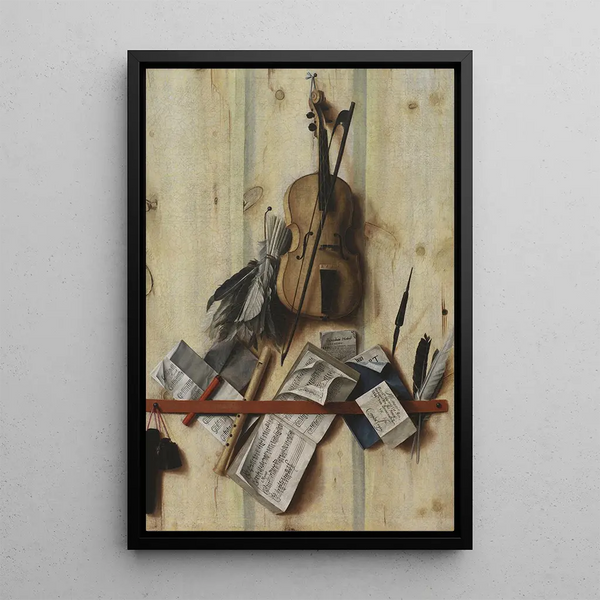 Trompe-l'œil mit Violine, Musikbuch und Blockflöte - Cornelius Norbertus Gijsbrechts — gerahmtes Bild an der Wand