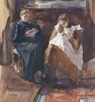 Dame lisant et fille brodant vue de face dans la maison au 6 Riouwstraat à La Haye - Barbara Elisabeth van Houten