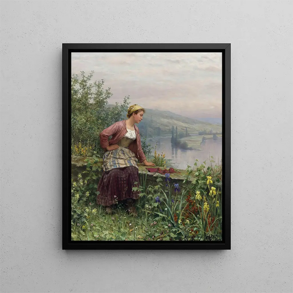 Bretonisches Mädchen überblickt einen Bach - Daniel Ridgway Knight — gerahmtes Bild an der Wand