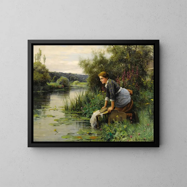 Laveuse am Wasserufer - Daniel Ridgway Knight — gerahmtes Bild an der Wand