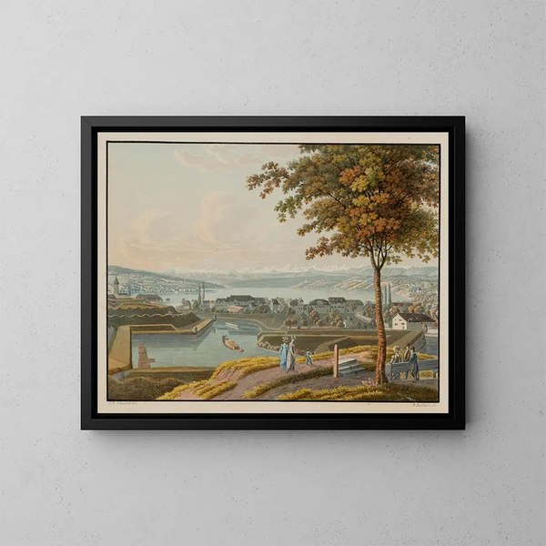 Ansicht des Sees und der Umgebung von Zürich vom Chat-Mauer - David Alois Schmid — gerahmtes Bild an der Wand