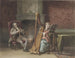 Innen-Gemälde mit einem jungen Mädchen, das Harfe spielt, und einem sitzenden Mann, der zuschaut - David Bles — Ansicht des Kunstwerks