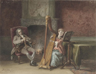 Innen-Gemälde mit einem jungen Mädchen, das Harfe spielt, und einem sitzenden Mann, der zuschaut - David Bles — Ansicht des Kunstwerks