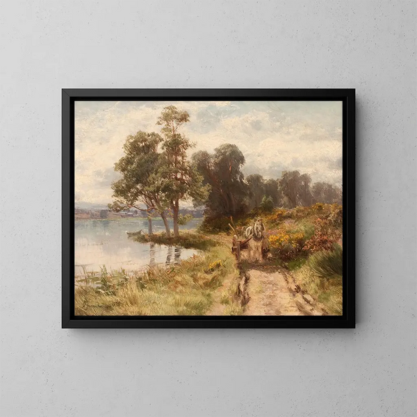 Holzwagen in der Nähe eines Sees - David Farquharson — gerahmtes Bild an der Wand