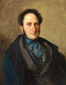 Mann in schwarzer Jacke, großes Seidenhemd in Blau und blauer Mantel - David Monies — Ansicht des Kunstwerks