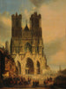 Die Fassade der Kathedrale von Reims mit einem mittelalterlichen Umzug und einer Prozession im Vordergrund - David Roberts — Ansicht des Kunstwerks