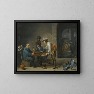Eine Wacht-Szene mit Trictrac-Spielern im Vordergrund - David Teniers der Jüngere — gerahmtes Bild an der Wand