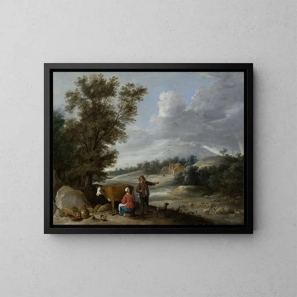Landschaft mit der Milchfrau und dem Hirten - David Teniers der Jüngere — gerahmtes Bild an der Wand