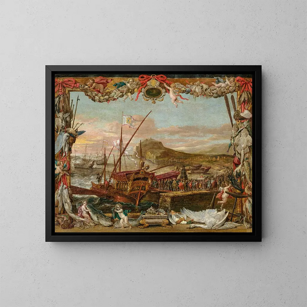 L'Embarquement de Don Juan d'Autriche - David Teniers le Jeune — gerahmtes Bild an der Wand