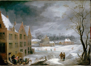 Winterlandschaft mit einem Mann, der ein Schwein tötet - David Teniers der Jüngere — Ansicht des Kunstwerks