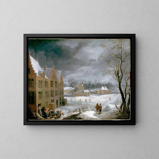 Winterlandschaft mit einem Mann, der ein Schwein tötet - David Teniers der Jüngere — gerahmtes Bild an der Wand